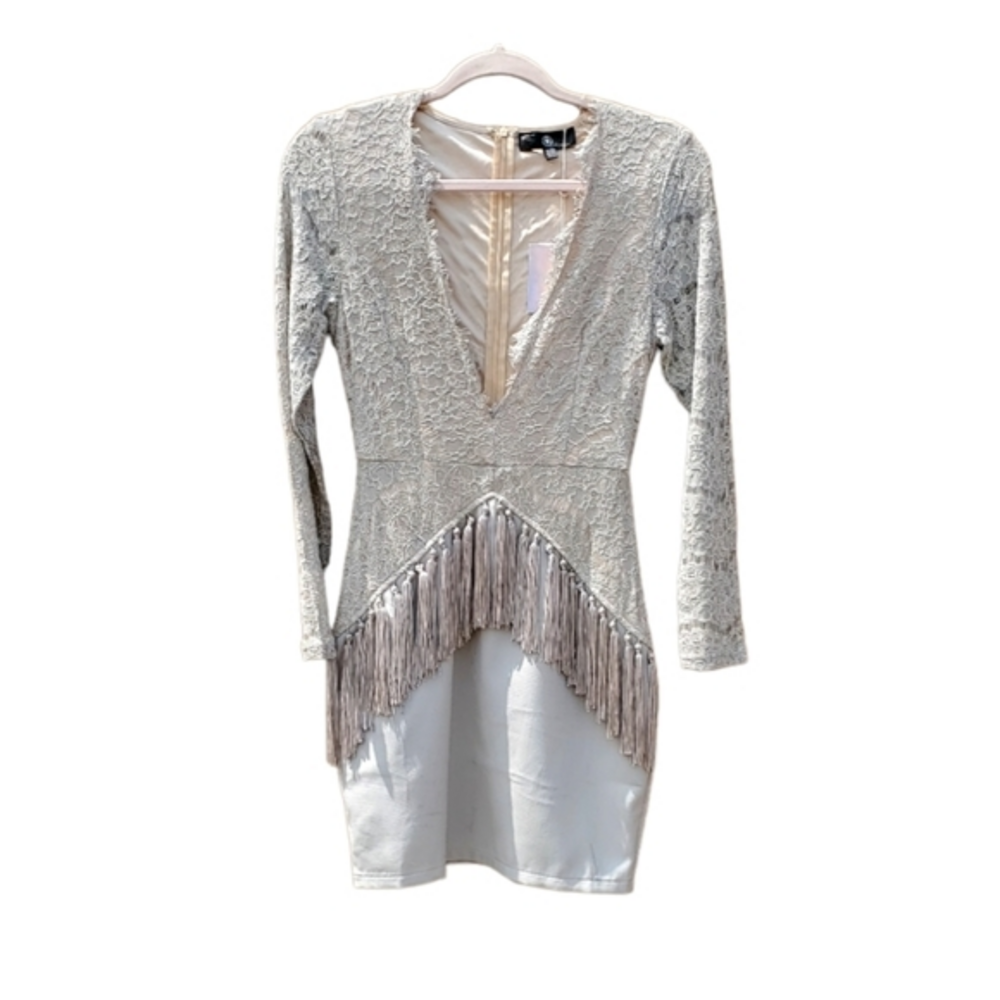 Missguided Plunge Lace Tassel Bodycon Gray Mini Dress Size 2 NWT